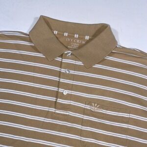 Ivy Crew Men's Large‎ Tan White Striped Pocket Polo Shirt Casual Golf